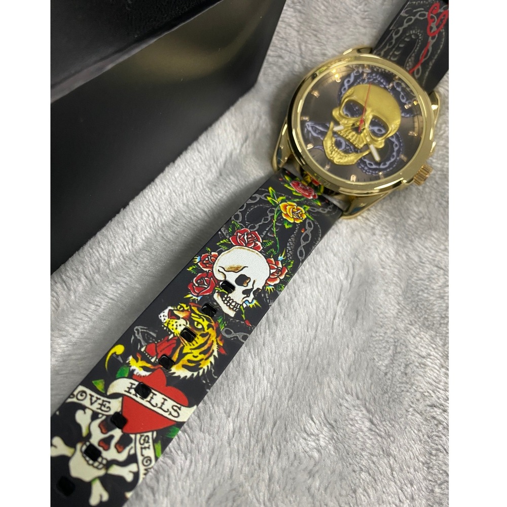 Ed Hardy 3D Skull & Snake Dial Watch Unisex 40mm Gold Black Purple 50451G-42-A01 - Picture 2 of 7